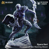 Ilyara Deri – Assassin of the Waning Moon: drow assassin tabletop miniature, designer preview from DM Stash's 'Irinax' release, 3D-printed in resin by Qumi