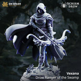 Vexana – Drow Ranger of the Swamp: drow ranger tabletop miniature, designer preview from DM Stash's 'Irinax' release, 3D-printed in resin by Qumi