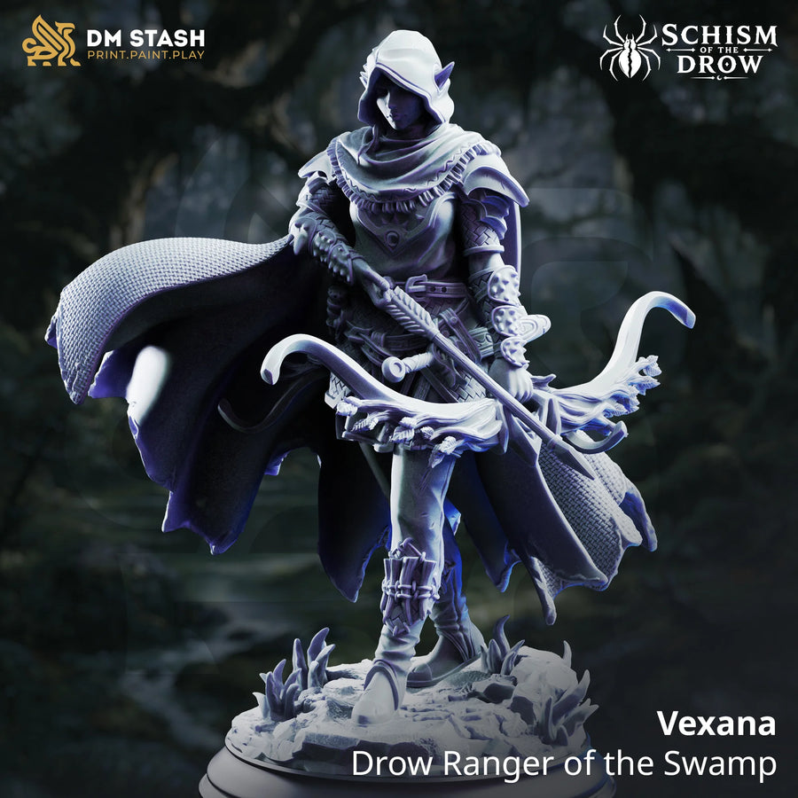 Vexana – Drow Ranger of the Swamp: drow ranger tabletop miniature, designer preview from DM Stash's 'Irinax' release, 3D-printed in resin by Qumi