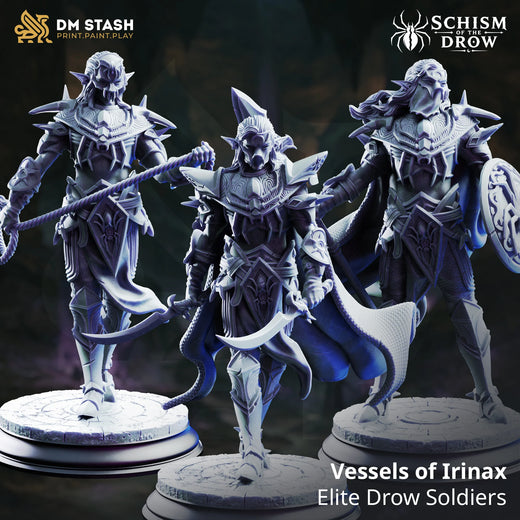 Vessels of Irinax – Elite Drow Soldiers: elite drow soldier tabletop miniature, designer preview from DM Stash's 'Irinax' release, 3D-printed in resin by Qumi