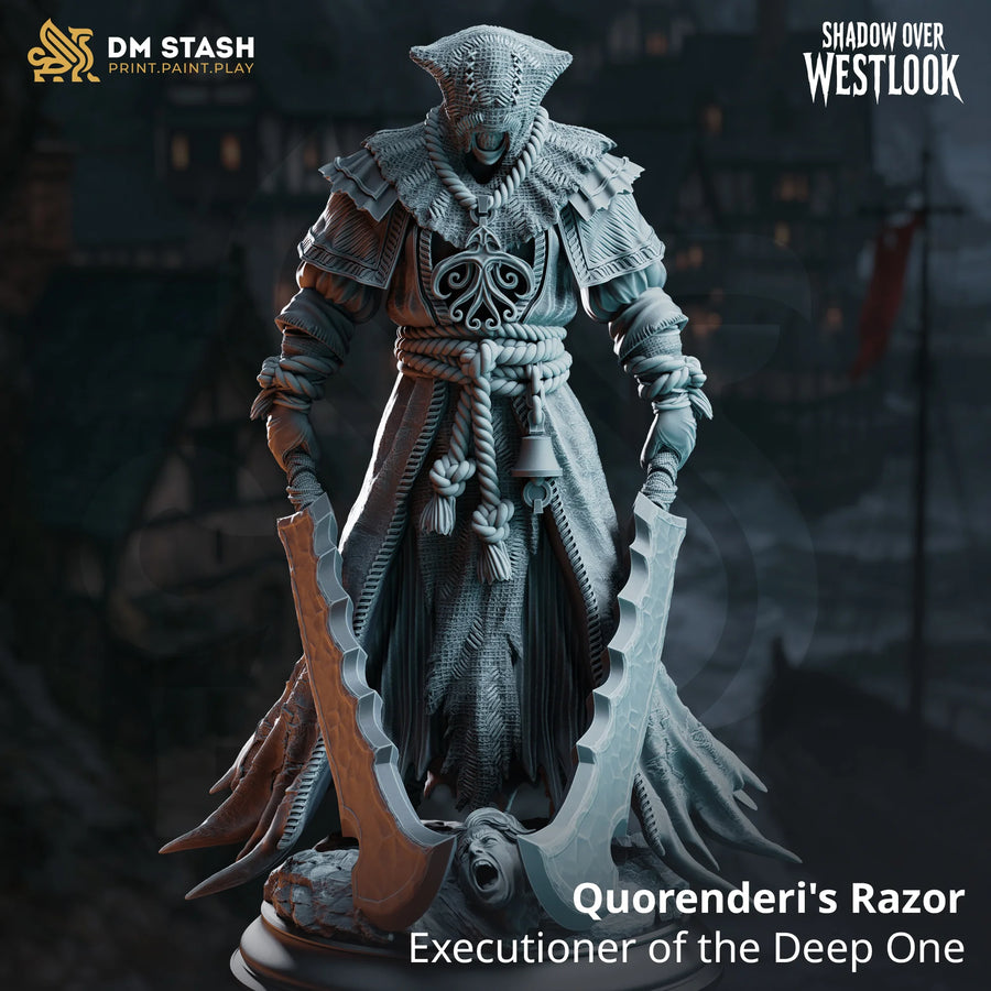 Quorenderi's Razor – Executioner of the Deep One: deep one executioner tabletop miniature, designer preview from DM Stash's 'Shadow over Westlook' release, 3D-printed in resin by Qumi