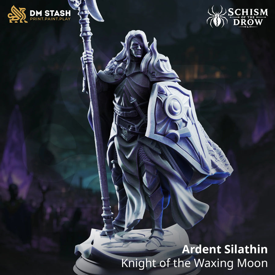 Ardent Silathin – Knight of the Waxing Moon: drow knight tabletop miniature, designer preview from DM Stash's 'Irinax' release, 3D-printed in resin by Qumi
