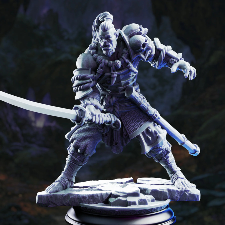 Bagrash Ilkhan – Orc Blademaster: orc blademaster tabletop miniature, designer preview from DM Stash's 'Irinax' release, 3D-printed in resin by Qumi