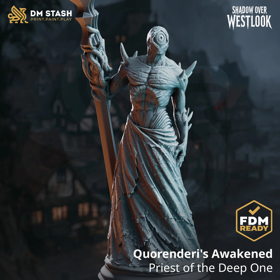 Quorenderi's Awakened – Priest of the Deep One: deep one priest tabletop miniature, designer preview from DM Stash's 'Shadow over Westlook' release, 3D-printed in resin by Qumi