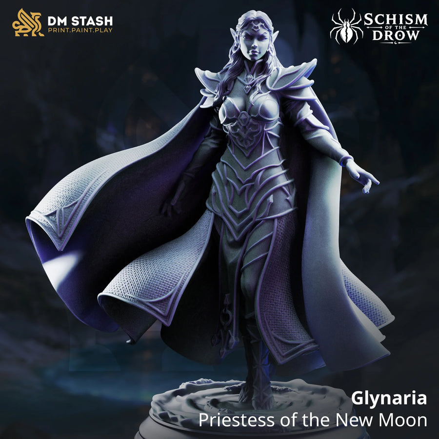 Glynaria – Priestess of the New Moon: drow priestess tabletop miniature, designer preview from DM Stash's 'Irinax' release, 3D-printed in resin by Qumi