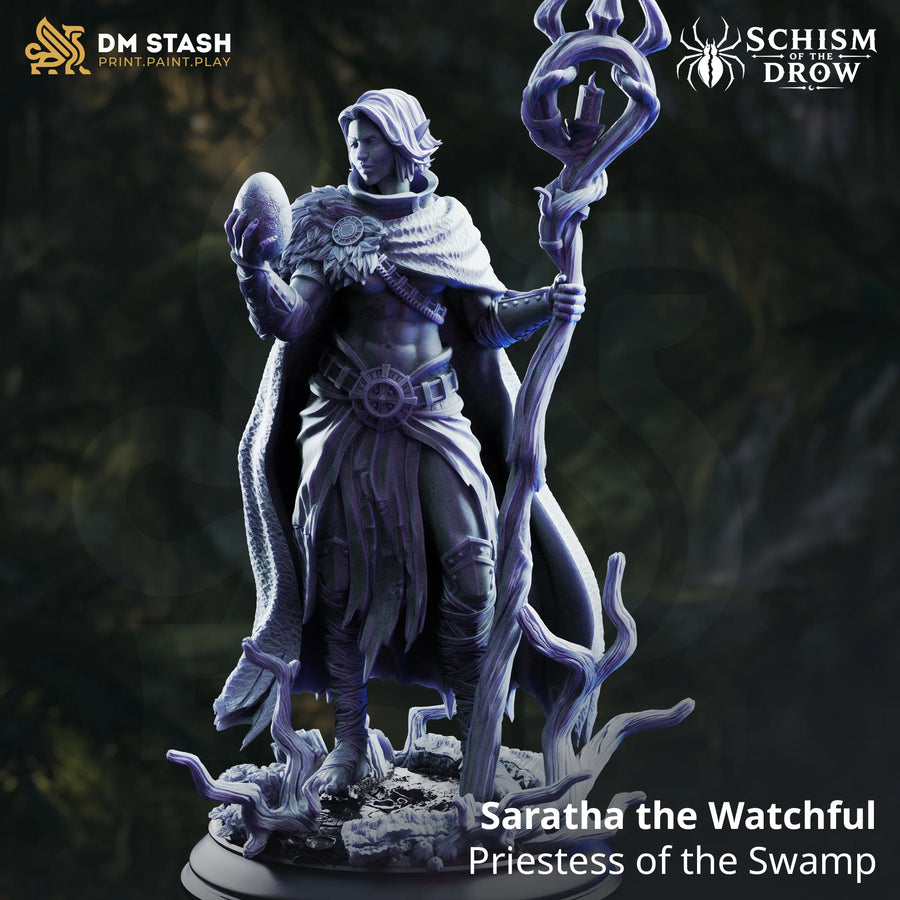 Saratha the Watchful – Priestess of the Swamp: drow priestess tabletop miniature, designer preview from DM Stash's 'Irinax' release, 3D-printed in resin by Qumi