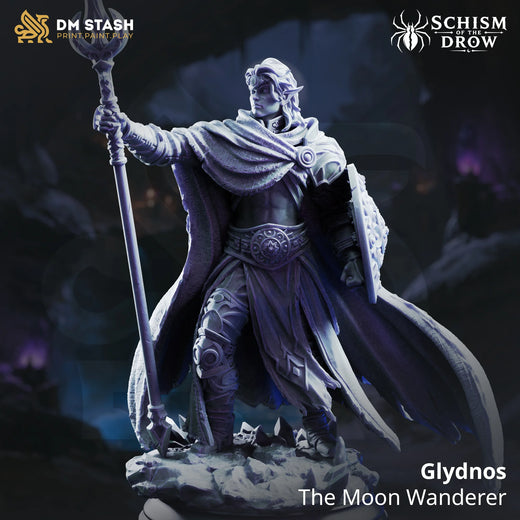 Glydnos – The Moon Wanderer: drow wanderer tabletop miniature, designer preview from DM Stash's 'Irinax' release, 3D-printed in resin by Qumi