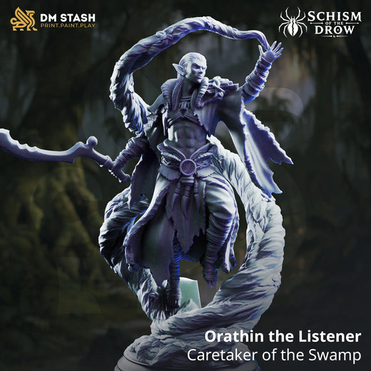 Orathin the Listener – Caretaker of the Swamp: drow druid tabletop miniature, designer preview from DM Stash's 'Irinax' release, 3D-printed in resin by Qumi
