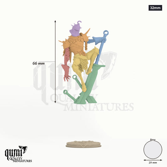Belkey 32mm - colour-coded parts render, 66 mm tall, 6 body parts, 29 mm round base