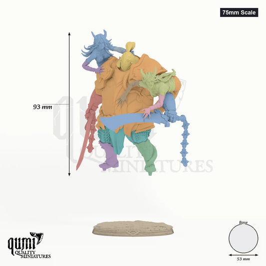 Fathon and the Scylas 75mm Scale - colour-coded parts render, 93 mm tall, 13 body parts, 53 mm round base
