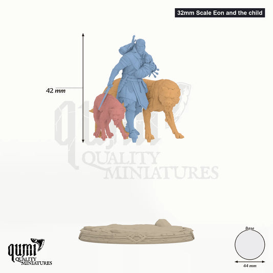 32mm Scale Eon and the child - colour-coded parts render, 42 mm tall, 3 body parts, 44 mm round base