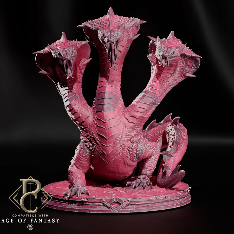 Vesskara, the Triple Maw – Three-Headed Hydra: three-headed hydra tabletop miniature, designer preview from Parasite Collectibles's 'August 2026' release, 3D-printed in resin by Qumi