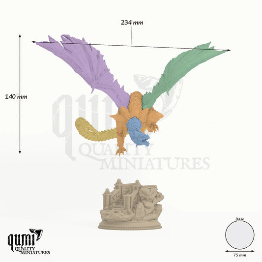 Dragon Kuriazor the Dark Tabletop Diorama dragon miniature - assembly overview with colour-coded parts and measurements