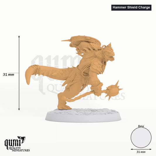 Fighter Lizardman Elite Warfang Dragon tabletop miniature (Hammer Shield Charge) - assembly render with measurements - Rescal