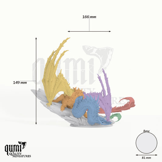 Magma Dragon Tabletop Miniature dragon miniature - assembly overview with colour-coded parts and measurements