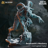 Renmaeth's Mockery – Corrupted Satyr: corrupted satyr tabletop miniature, designer preview from DM Stash's 'Shadow over Westlook' release, 3D-printed in resin by Qumi