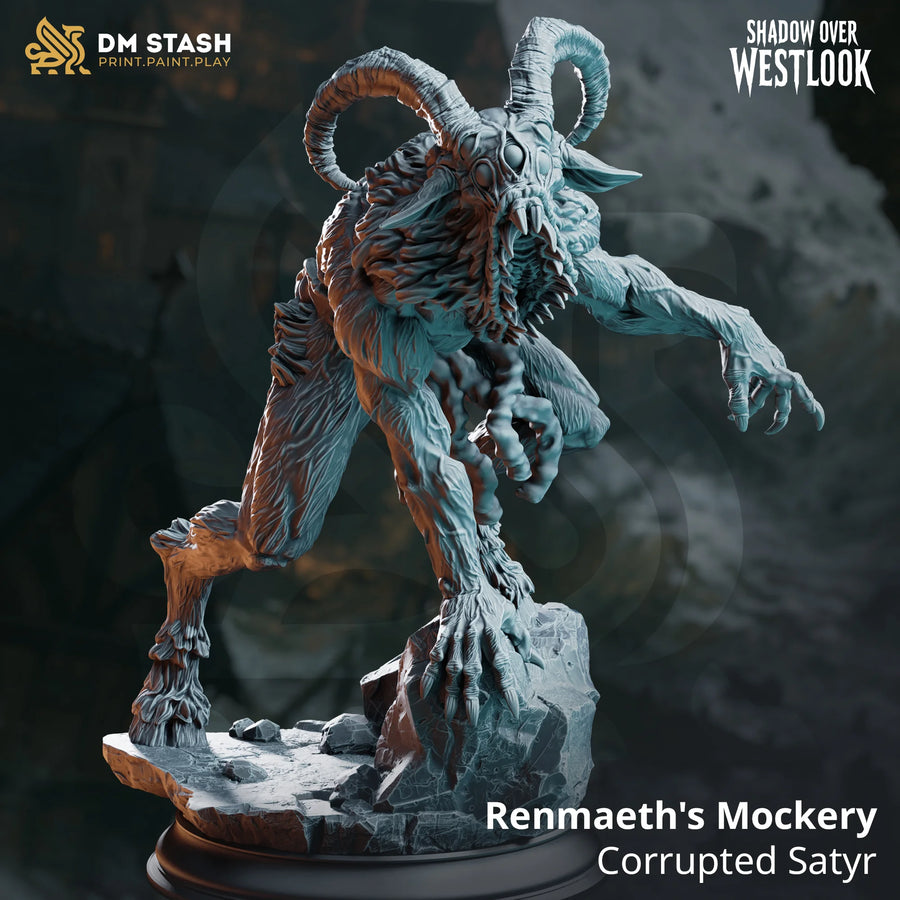 Renmaeth's Mockery – Corrupted Satyr: corrupted satyr tabletop miniature, designer preview from DM Stash's 'Shadow over Westlook' release, 3D-printed in resin by Qumi