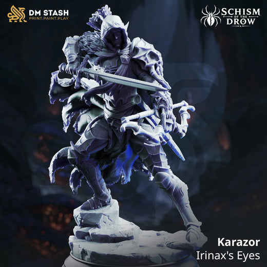Karazor – Irinax's Eyes: drow scout tabletop miniature, designer preview from DM Stash's 'Irinax' release, 3D-printed in resin by Qumi