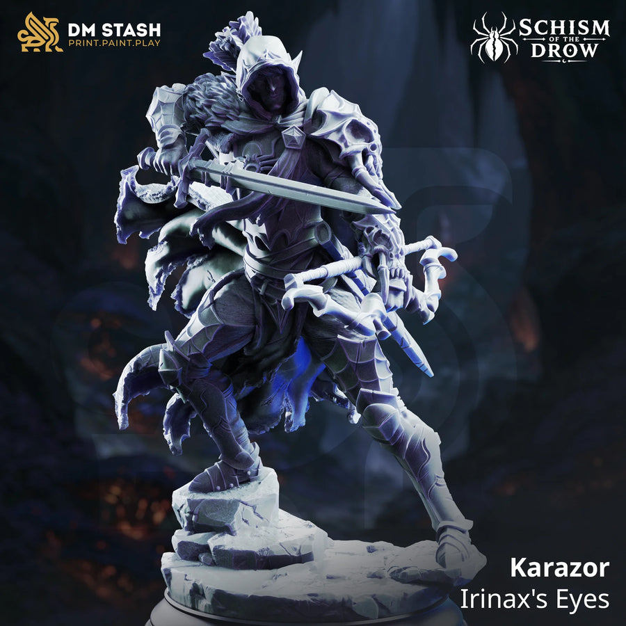 Karazor – Irinax's Eyes: drow scout tabletop miniature, designer preview from DM Stash's 'Irinax' release, 3D-printed in resin by Qumi