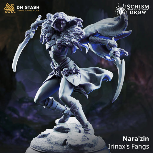 Nara'zin – Irinax's Fangs: drow blade dancer tabletop miniature, designer preview from DM Stash's 'Irinax' release, 3D-printed in resin by Qumi