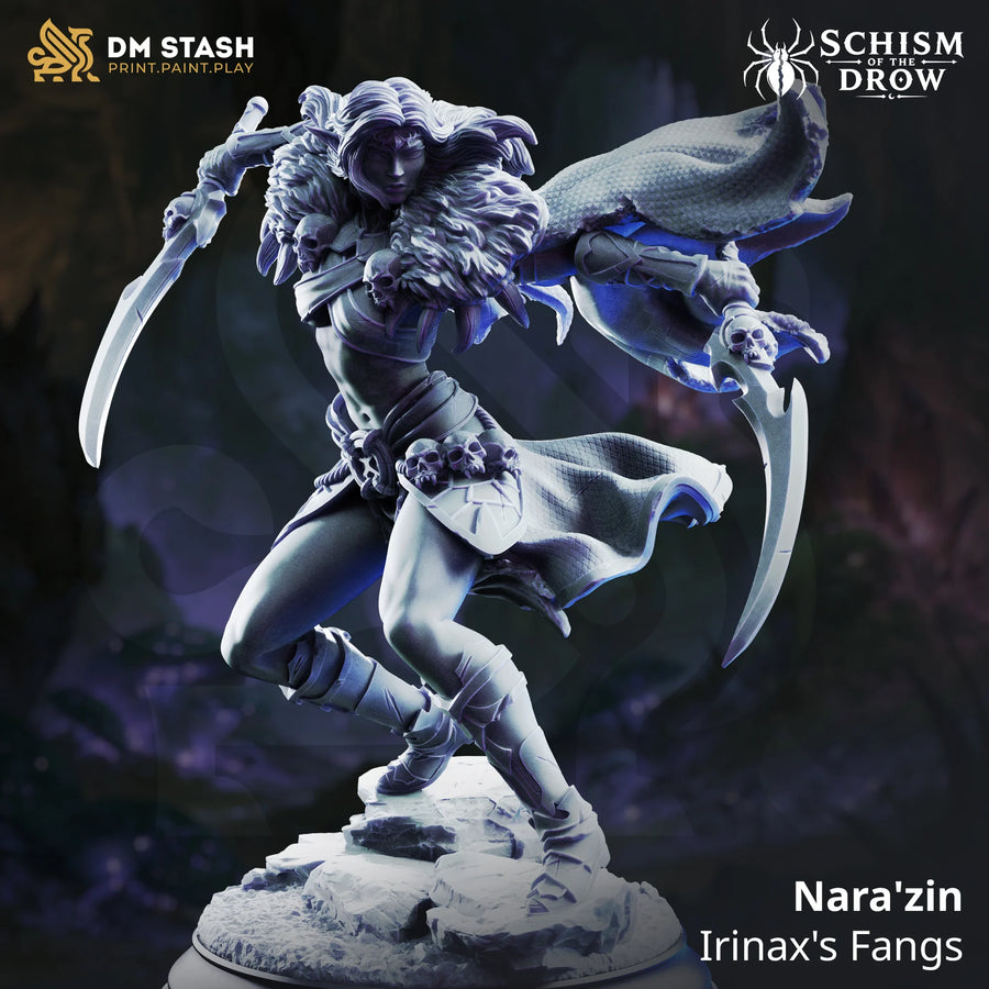 Nara'zin – Irinax's Fangs: drow blade dancer tabletop miniature, designer preview from DM Stash's 'Irinax' release, 3D-printed in resin by Qumi