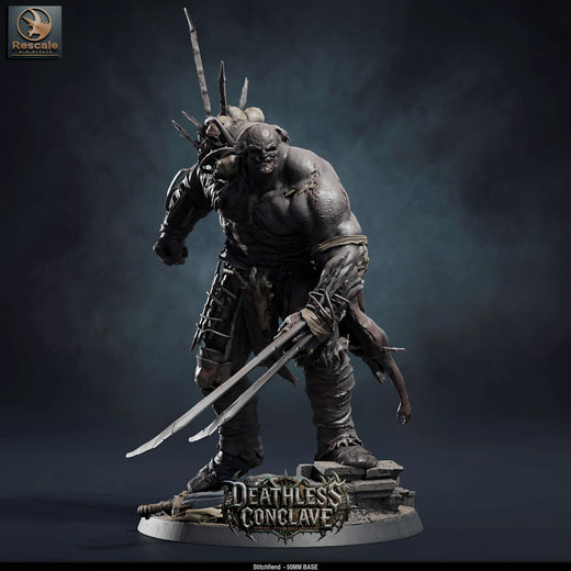 Stitchfiend – Stitched Flesh Golem: flesh golem tabletop miniature, designer preview from Rescale Miniatures's 'Oktober 2026' release, 3D-printed in resin by Qumi