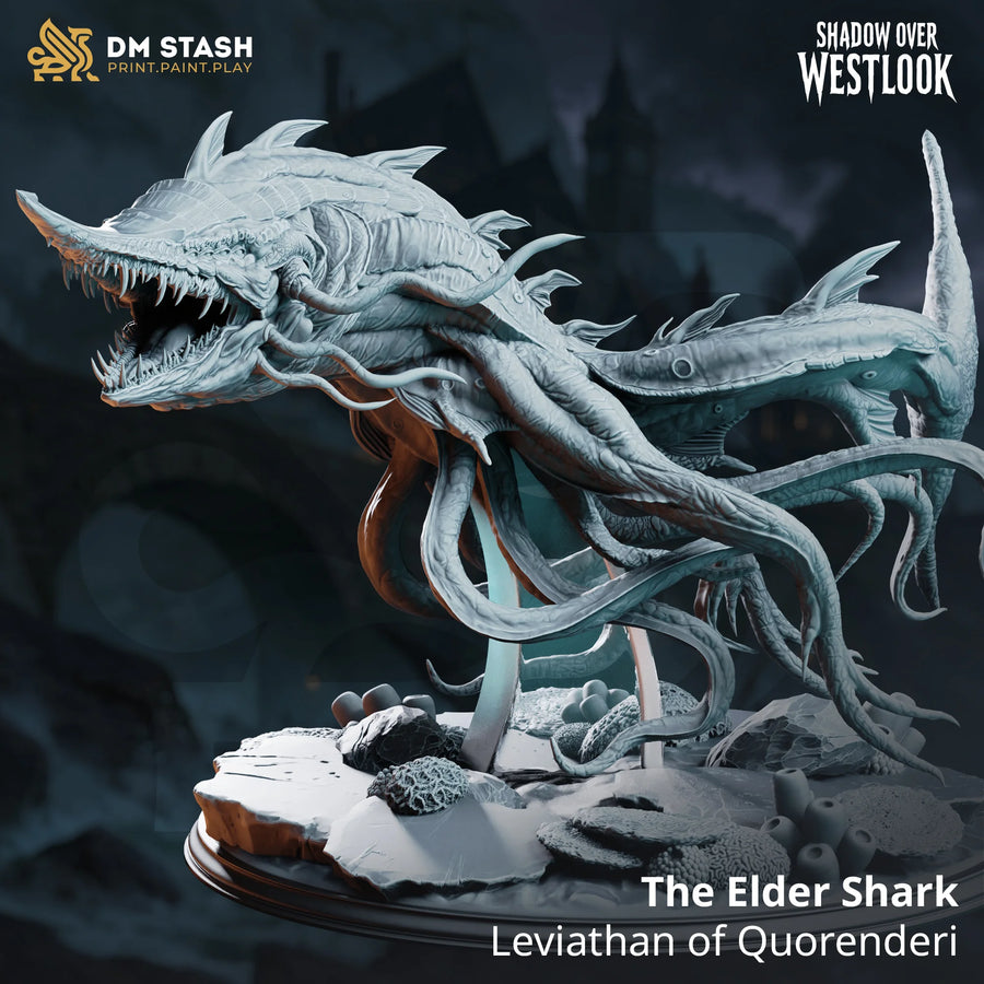 The Elder Shark – Leviathan of Quorenderi: leviathan shark tabletop miniature, designer preview from DM Stash's 'Shadow over Westlook' release, 3D-printed in resin by Qumi