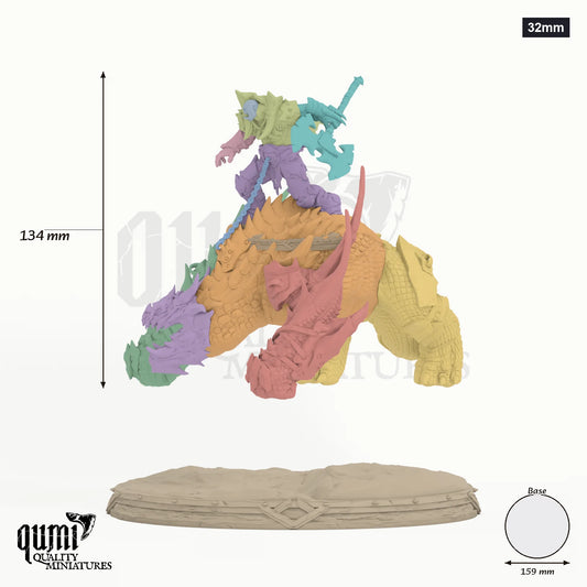 Kodark on Beast 32mm - colour-coded parts render, 134 mm tall, 12 body parts, 158 mm round base
