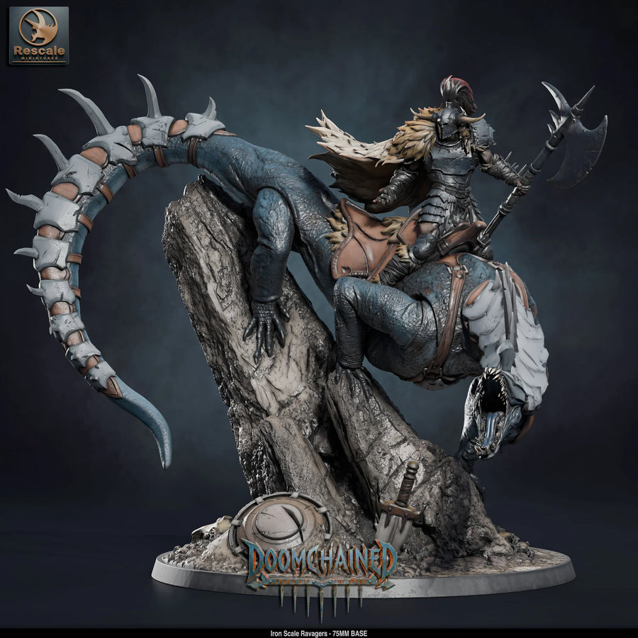 Iron Scale Ravagers – Lizard Beasts with Riders: lizard war beast tabletop miniature, designer preview from Rescale Miniatures's 'Doomchained' release, 3D-printed in resin by Qumi