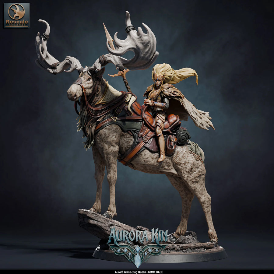 Aurora White Stag Queen – Elven Queen on White Stag: mounted elf queen tabletop miniature, designer preview from Rescale Miniatures's 'Aurora Kin' release, 3D-printed in resin by Qumi