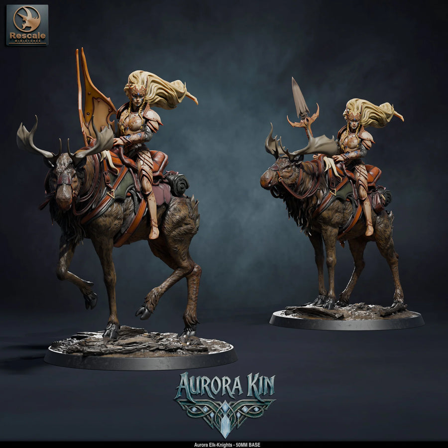 Aurora Elk Knight – Elven Rider on Elk: mounted elf spear fighter tabletop miniature, designer preview from Rescale Miniatures's 'Aurora Kin' release, 3D-printed in resin by Qumi