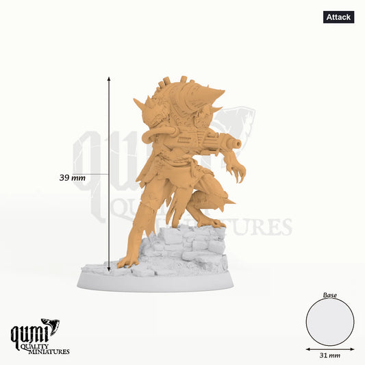 Humanoid Fighter Rat Folk Mutilated Mask Tabletop-Miniatur (Attack) - 39 mm hoch - Rescale Miniatures 3D-Druck von Qumi