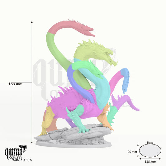 Dragon NoxHydra Tabletop Miniature dragon miniature - assembly overview with colour-coded parts and measurements