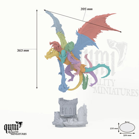 Dragon Pentelia Tabletop Miniature dragon miniature - assembly overview with colour-coded parts and measurements