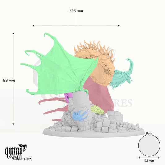 Dragon Pestilent Wyvern Tabletop Miniature dragon miniature - assembly overview with colour-coded parts and measurements