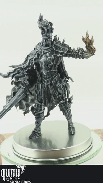 knight dry brushed turning around. mostly black and silver with a white background