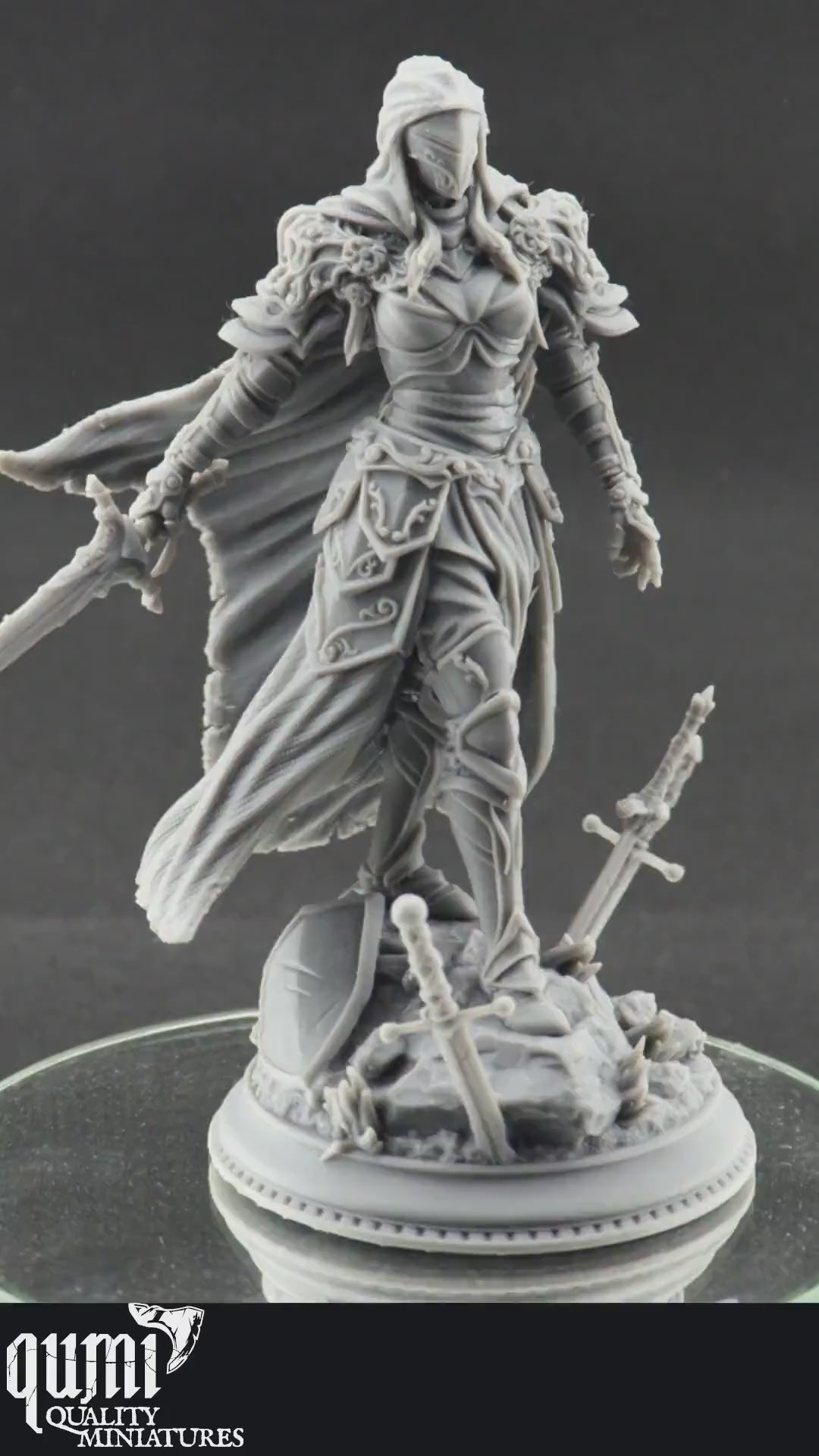 Human female knight Miniature on turntable with black background