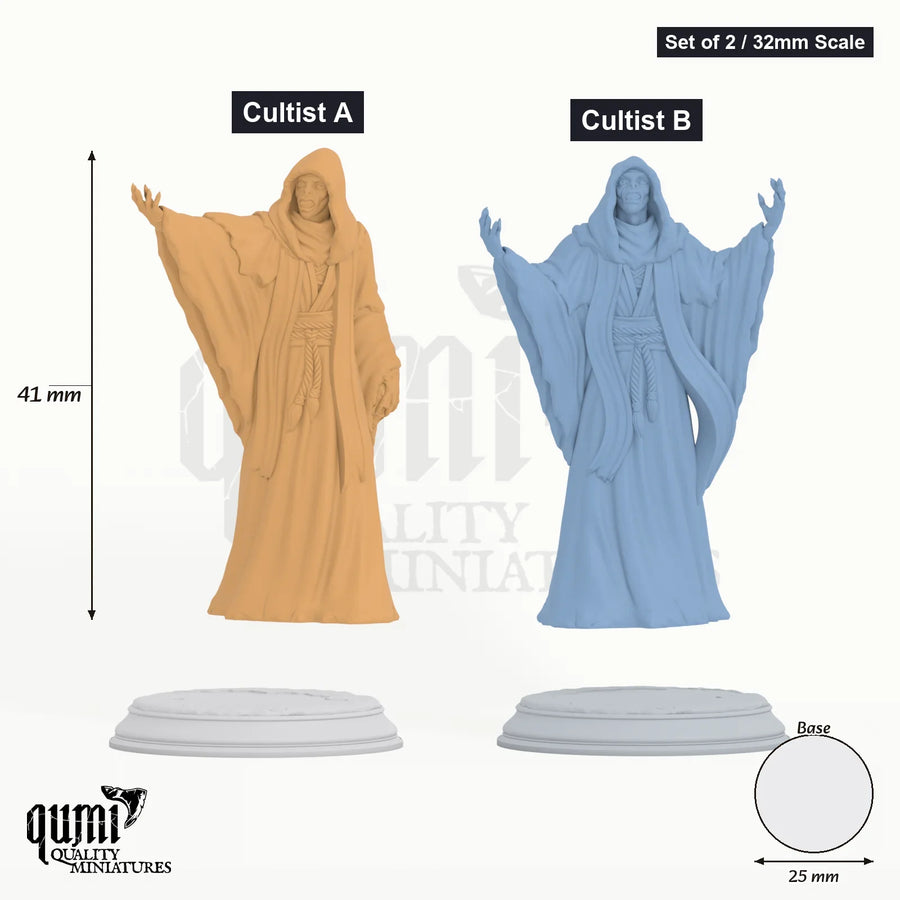 Quorenderi's Drowned tabletop miniatures (32mm Scale) – Cultist A (left) and Cultist B (right) with measurements | Qumi