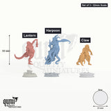 Quorenderi's Rebirthed tabletop miniatures (32mm Scale) – Lantern (left), Harpoon (middle) and Claw (right) with measurements | Qumi