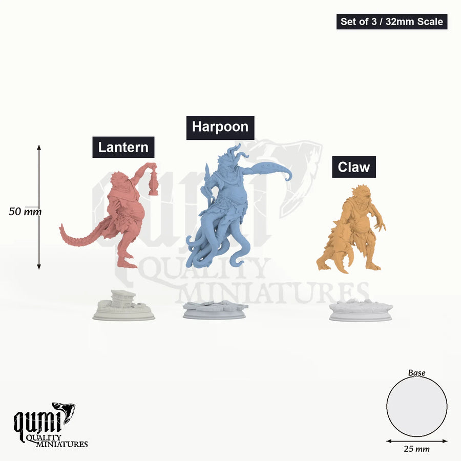 Quorenderi's Rebirthed tabletop miniatures (32mm Scale) – Lantern (left), Harpoon (middle) and Claw (right) with measurements | Qumi