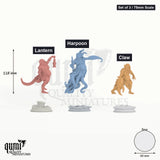 Quorenderi's Rebirthed tabletop miniatures (75mm Scale) – Lantern (left), Harpoon (middle) and Claw (right) with measurements | Qumi