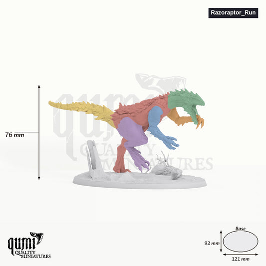 Razoraptor tabletop miniature (Run) - 76 mm tall, 121x92 mm base, 6+1 part assembly - Rescale Miniatures 3D print by Qumi