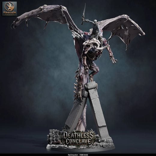 Red Dracolich – Undead Red Dragon: dracolich tabletop miniature, designer preview from Rescale Miniatures's 'Oktober 2026' release, 3D-printed in resin by Qumi