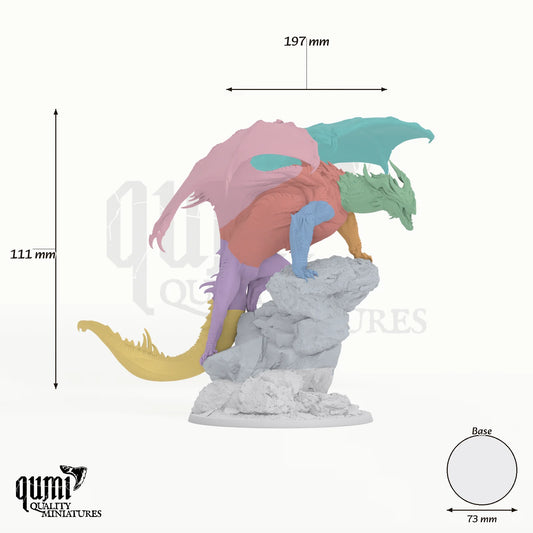 Dragon Red Dragon Tabletop Miniature dragon miniature - assembly overview with colour-coded parts and measurements