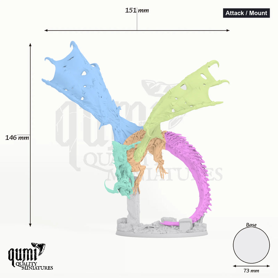Red Dracolich tabletop miniature (Attack / mounted) - 146 mm tall, 151 mm wingspan - Rescale Miniatures 3D print by Qumi