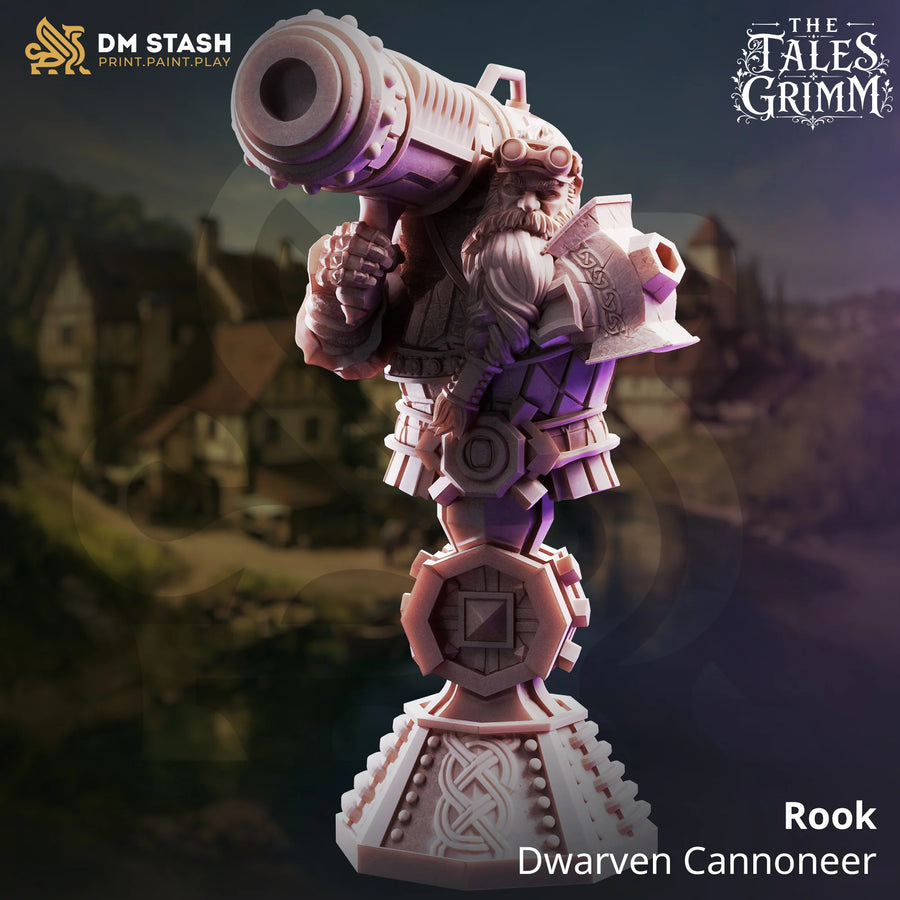 Rook – Dwarven Cannoneer: dwarf cannoneer bust tabletop miniature, designer preview from DM Stash's 'The Tales Grimm' release, 3D-printed in resin by Qumi