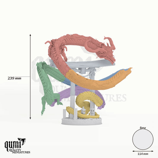 Ancestral Dragon Shoryu Tabletop Miniature dragon miniature - assembly overview with colour-coded parts and measurements