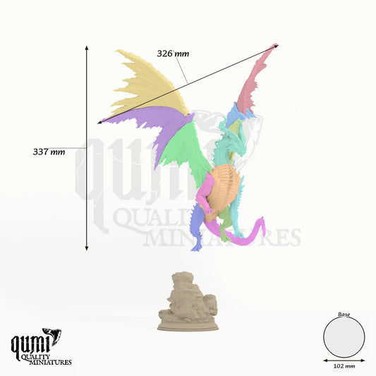Dragon Sovram Black Dragon Tabletop Miniature dragon miniature - assembly overview with colour-coded parts and measurements
