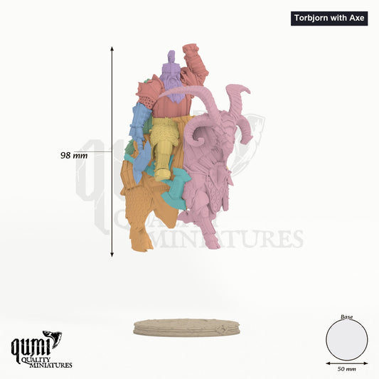 Torbjorn with Axe - colour-coded parts render, 98 mm tall, 8 body parts, 50 mm round base