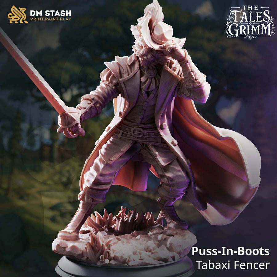 Puss-In-Boots – Tabaxi Fencer: tabaxi fencer tabletop miniature, designer preview from DM Stash's 'The Tales Grimm' release, 3D-printed in resin by Qumi